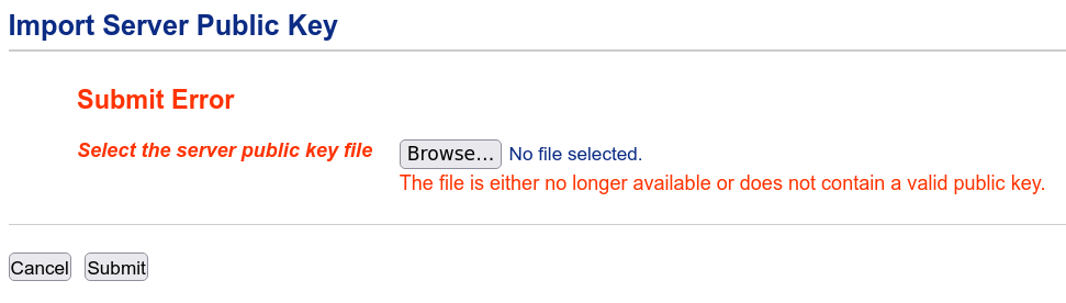 The file is either no longer available or does not contain a valid public key.